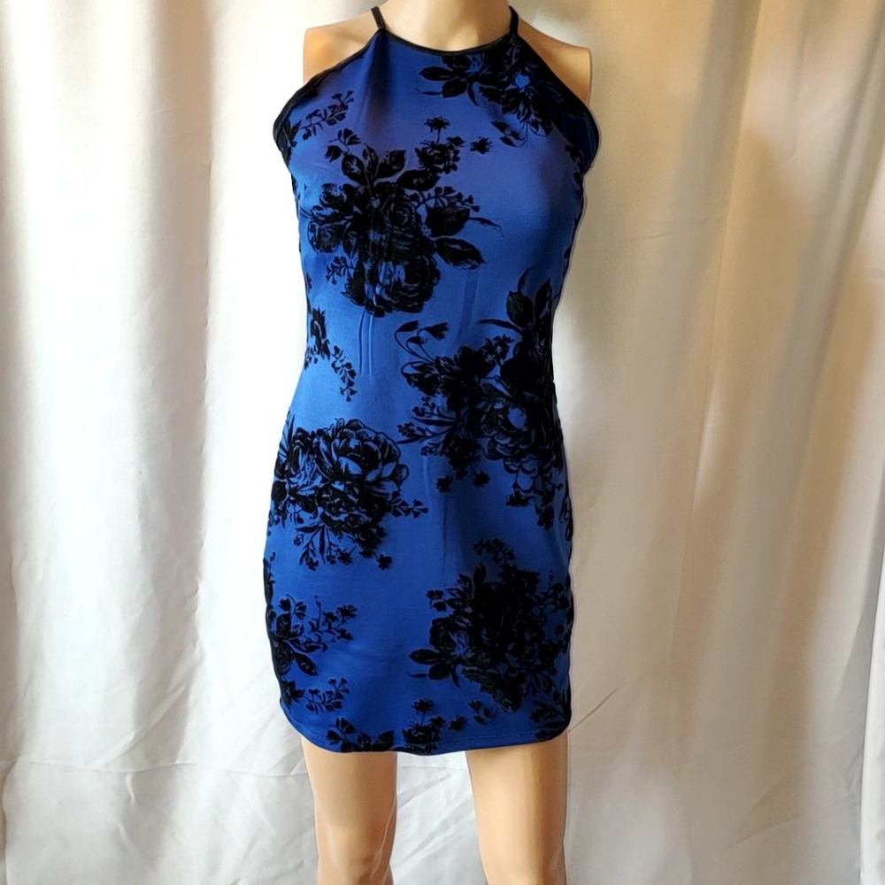 NWT Midnight Doll Blue W/Floral Velvet Mini Dress - 3